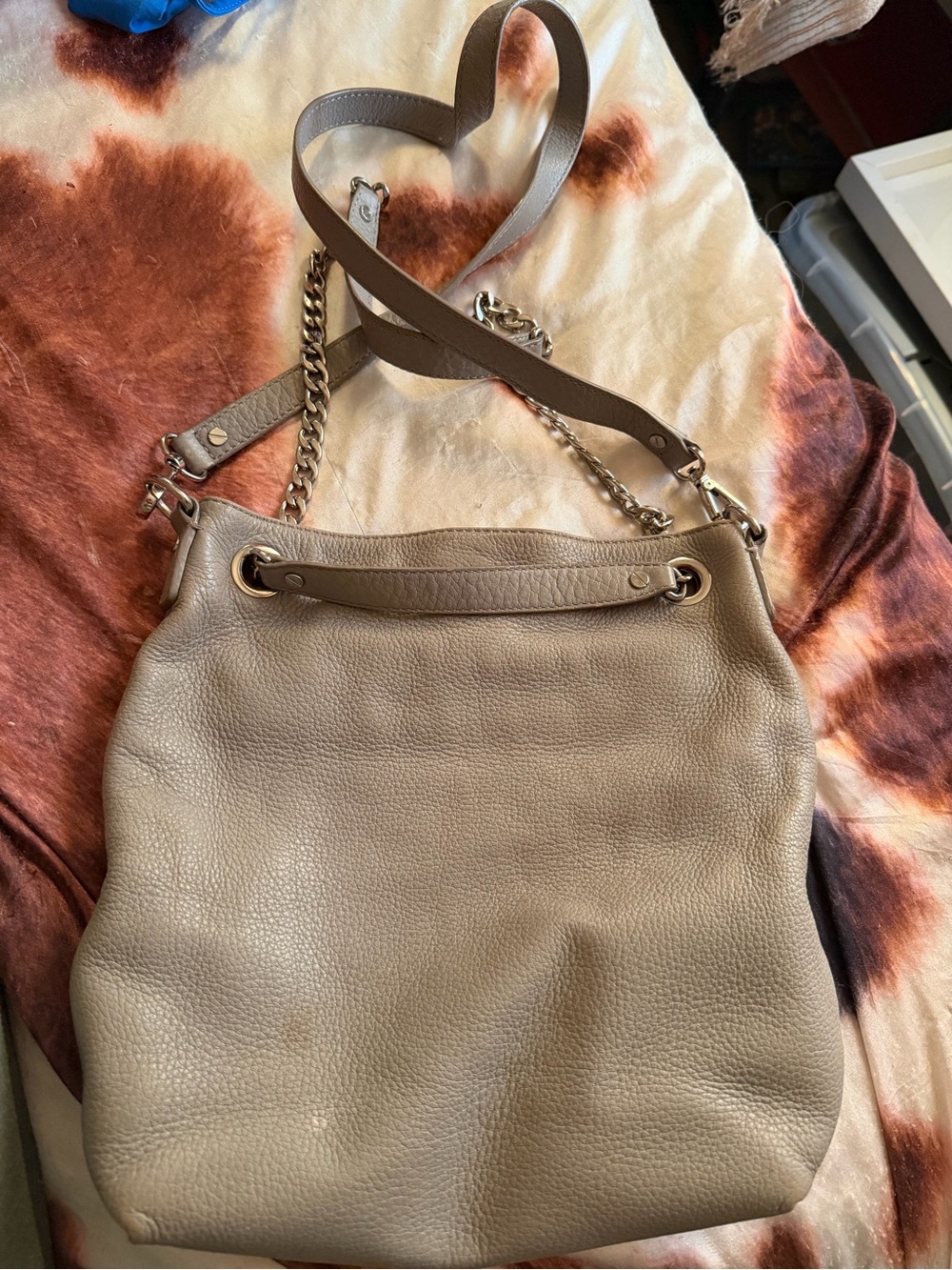 Taupe Leather Chain-Trim Shoulder Bag